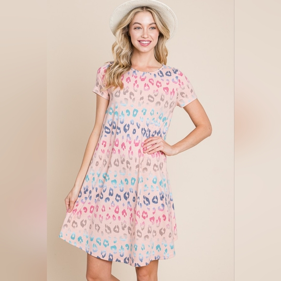 BOMBOM Leopard Round Neck Short Sleeve Dress - Picture 1 of 6
